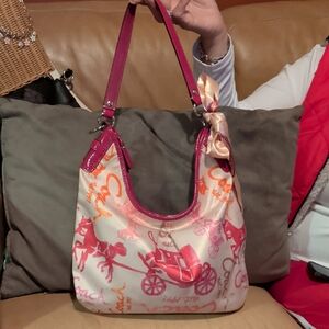 Coach Pink and Cream Signature Scarf-Trim Shoulder Bag